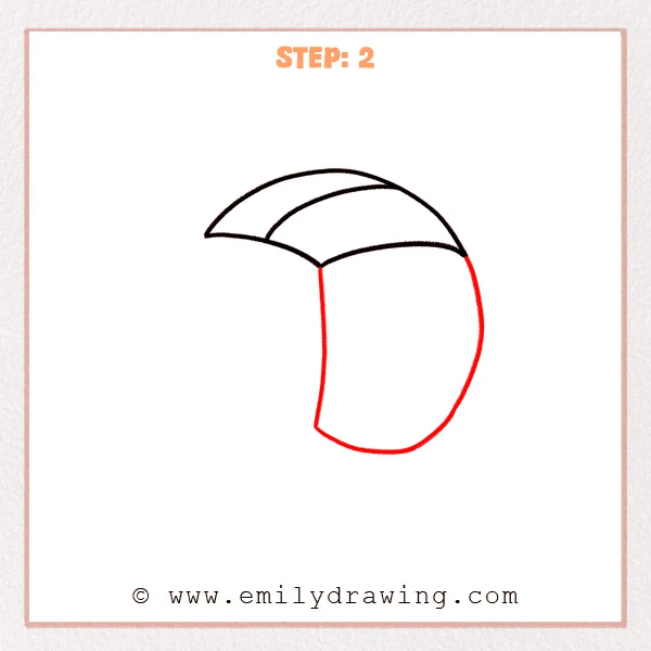 how to draw a cartoon volleyball - Step 2 of a cartoon volleyball drawing adds a long center curve and a large outer contour that rounds into the bottom of the volleyball.